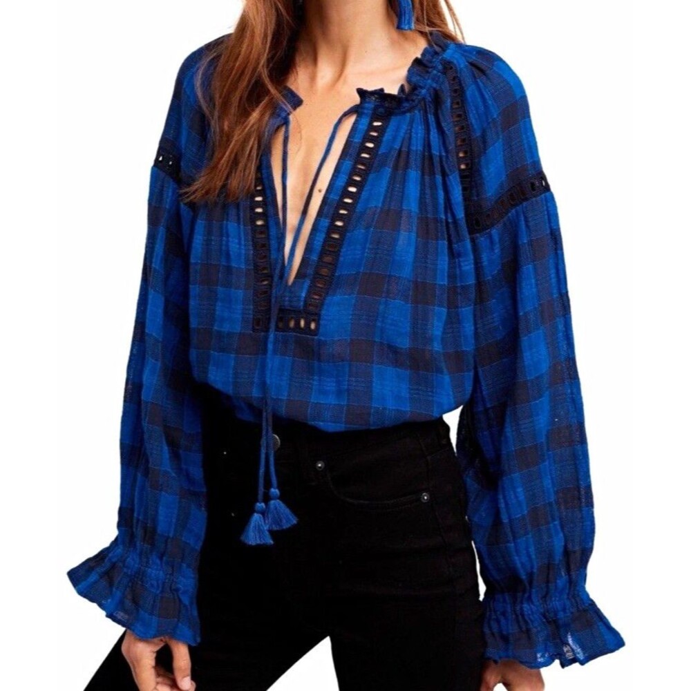 Free People Women’s Blouse Size Small Honey Grove Cotton Peasant V-Neck Y2K